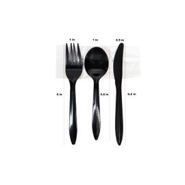 Medium Heavy Weight Black Cutlery Kit - 250 Sets of Individually Wrapped Black Plastic Cutlery Packets (4-piece Kit)