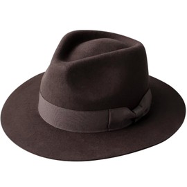 ReqHatter Middle Brim Flat Felt Hat, Center-Fold Fedora, Wide Brim, Men's Hat, Size, Autumn, Winter, RH-101, Braun, L