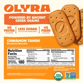Olyra Breakfast Biscuits Cinnamon Tahini, Kids Healthy Snacks, Low Sugar, High Fiber, Plant-Based Protein Cookies, Organic Breakfast Cookies with Ancient Greek Grains, 24 Packs