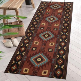 Arttown Western Tribal American Brown Runner Rug 2' x 6', Geometric Mexican Boho Non Slip Machine Washable Area Rug Soft Flannel Indoor Outdoor Carpet for Hallway Entryway Bedroom Living Room Decor