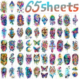 FANRUI 65 Sheets Watercolor Peony Rose Floral Temporary Tattoos For Women Arm Shoulder, Groovy Compass Flower Fake Tattoo Owl Blue Tribal Eye Skull Tiger, Long Lasting Tatoos Sleeve Angel Girls Adults