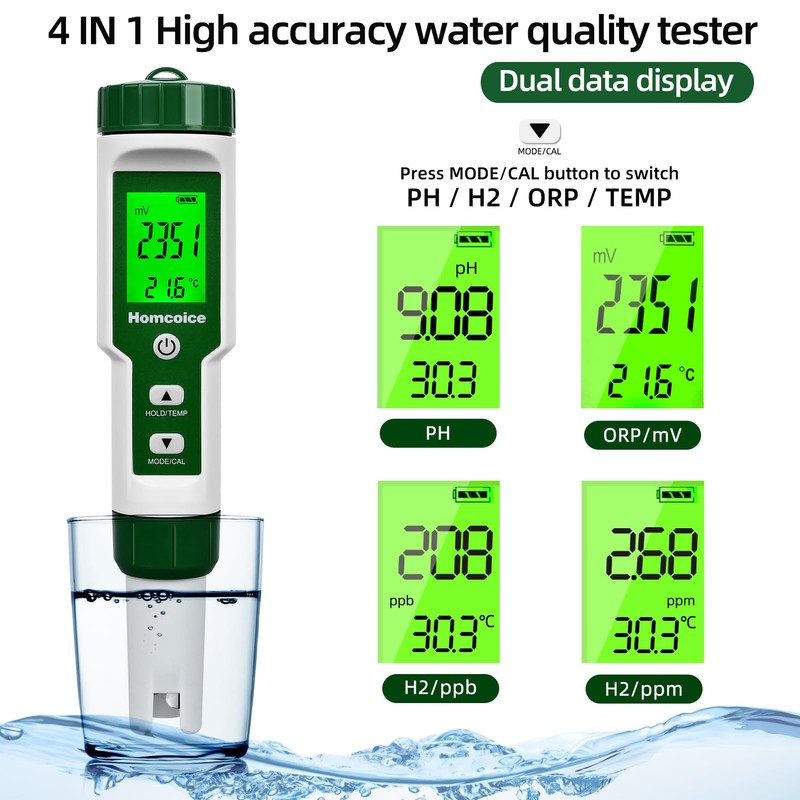 Homcoice PH Meter 4 in 1 pH H2 ORP Temperature