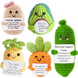UNIANE 5 PCS Emotional Support Pickle, Fruits Knitted Dolls with Positive and Encouragement Support Vegetables, Emotional Support Crochet Gift for Friends Family, Birthday, Office Room Decor