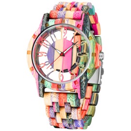 Realpoo Colorful Hollowed Out Arabic Numeral Dial Quartz Wooden Men's Watch, Quartz Movement Natural Wooden Watch Strap for Men- Colored