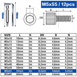 TXXATX 12 Stück Zylinderkopfschrauben M5x55 mm Schrauben Edelstahl A2 V2A DIN 912 Sechskantschrauben Zylinderschrauben mit Innensechskant Vollgewinde Inbusschrauben für Mechanische Möbelreparatur