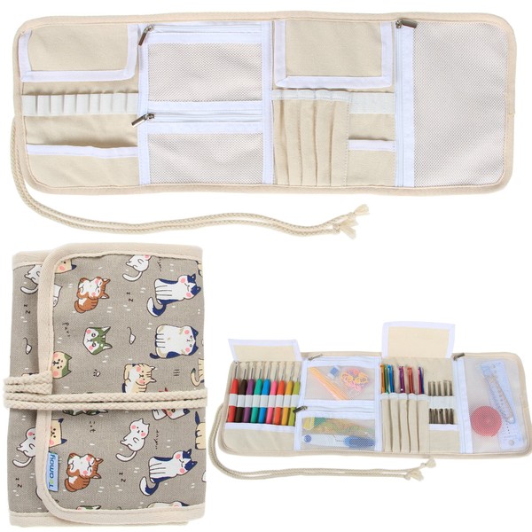 Teamoy Crochet Hook Case, Roll Bag Holder Organizer for Various Crochet Needles and Knitting Accessories, Cartoon Cats