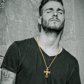 JewelryWe Classic Cross Necklace Double Layer Wooden Cross Pendant Stainless Steel Necklace for Men,Gold