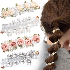 Winsyison 4pcs Flower Spiral Hair Ties, Rose Beads Ponytail Holders for Women, Elastic Rubber Hair Scrunchies Accessories for Thick Thin Curly Straight Long Hairstyles- Pink & Beige & White & Sliver