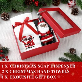 Teenyyou 4 Pcs Christmas Bathroom Accessories Christmas Soap Dispenser Lotion Pump Christmas Fingertip Towels with Gift Box Christmas Gift Set for Xmas Home Bath Decoration (Multicolor,Black Santa)