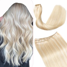 Sindra Weft Hair Extensions Human Hair Caramel Brown Highlighted Platinum Blonde Invisible Hair Wefts Human Hair Sew in Hair Extensions Real Human Hair Double Weft 20Inch 100G(weft#27p60 20inch)