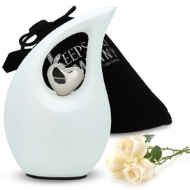 KEEPSAKE COMPANY White Teardrop Small Urns for Human Ashes/Mini Urn with Sky Blue Heart/Cremation Keepsakes for Ashes/Ash Holders (White Matte, Extra Small - EXS (3 Cu in))
