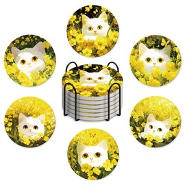 LVYUNF Cat Coasters Set of 6 with Holder for Cats Lovers - 4in Cute Kawaii Absorbent Ceramics Coaster for Tabletop Protection Drink Coasters - Coffee Bar - Home Decor-Housewarming Gifts for New Home