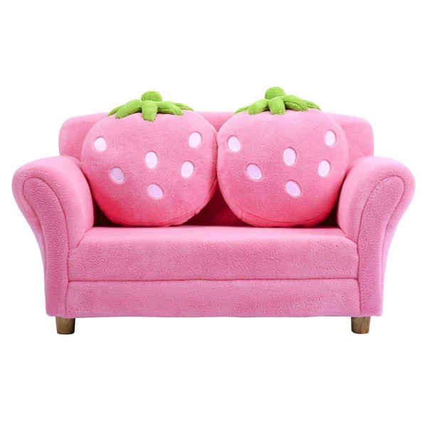 Costzon Kids Sofa, with 2 Cute Strawberry Pillows, Children Couch Armrest Chair Double Seats, Toddler Lounge Bed 2 in 1, Wooden Frame and Coral Fleece Surface for Bedroom, Living Room, Baby Room(Pink)