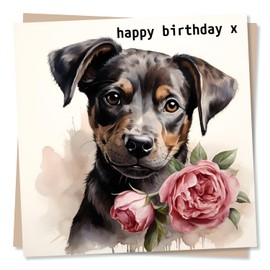 Beautiful Puppy and Rose Birthday Card - Happy Birthday x - For Dog Lovers, Family, Friends - Made in UK