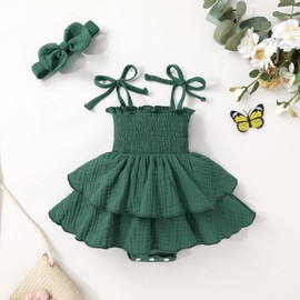 YOUNGER TREE Baby Girl Clothes Infant Summer Romper Dress Sleeveless Bodysuit Jumpsuit with Headband Toddler Outfits (Deep Green, 3-6 Months)