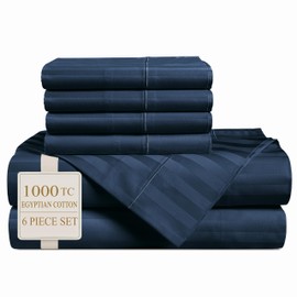 Casa Platino 100% Egyptian Cotton Sheets Queen Size Set - 6 Pieces - Damask Stripe - 1000 Thread Count - Ultra Smooth Sateen Weave Bed Sheets Set with 15" Deep Pockets - Navy Blue