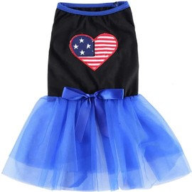 NACOCO Independence Day USA Flag Dog Dress Puppy Princess Costume Heart Wedding Outfit with Pet Blue Red Love Lace Pattern Clothing Girl Skirt for Small and Medium Dogs Cat (Large)