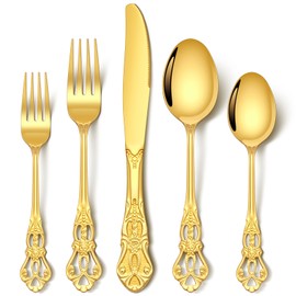 Stapava 60 Pcs Retro Royal Gold Silverware Set, Stainless Steel Gold Utensils Cutlery Set for 12, Gorgeous Flatware Set Include Forks Spoons and Knives set, Dishwasher Safe, Mirror Polished