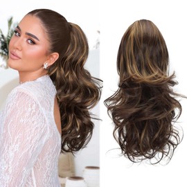 MOCA HAIR Ponytail Extension,Brown Mixed Blonde 18 Inch Claw Clip Ponytail Extension, Soft Wavy Curly Clip on Ponytails for Women Heat Resistant Synthetic Hairpiece for Daily Use