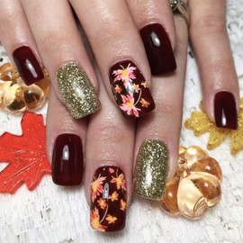 Maple Press on Nails Short Square False Nails with Leaf Design Full Cover Dark Red Glue on Nails Glossy Silver Glitter Stick on Nails Reusable Autumn Fall Fake Nails for Women Girls Manicure 24Pcs