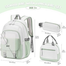 Backpack for Girls, Girls Backpack with Lunch Box and Pencil Case for Teen Kids Elementary Middle High School College Student, Children School Backpack Bookbag with USB Charging Port Green Beige