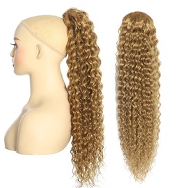 BALINGHAIR Deep Wave Ponytail Extension for Women 24 Inch Light Brown Curly Wavy Ponytail Hair Extensions Drawstring with Clips Short Synthetic Hairpiece for Daily and Party