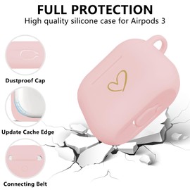 AIIEKZ Compatible with AirPods 3 Case Cover 2021, Soft Silicone Case with Gold Heart Pattern for AirPods 3rd Generation Case with Cute Cherry Blossoms Keychain for Girls Women (Pink)