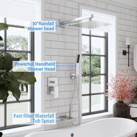 HomGoo Shower System with Tub Spout, All Metal Tub Shower Faucet Set with 10'' Rain shower heads and handheld spray combo,Wall Mounted Tub Shower Systems with Valve and Trim Kit, Brushed Nickel