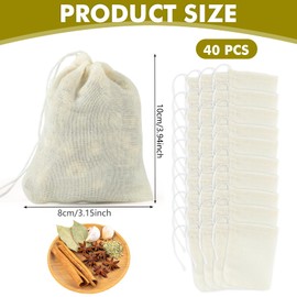 Pack of 40 Spice Bags for Cooking, 8 x 10 cm Spice Bags for Cooking with Drawstring, Reusable Cotton Bags, Tea Bags for Self-Filling for Tea, Coffee, Filter, Spices