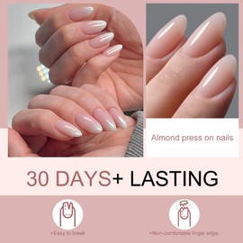 Wugbc Press on Nails Short Almond Fake Nails Full Cover Glossy Acrylic Press on Nails Soft Reusable Glue on Nails Ombre Nude False Nails Kit for Women Manicure Nail Art Decoration 30PCS