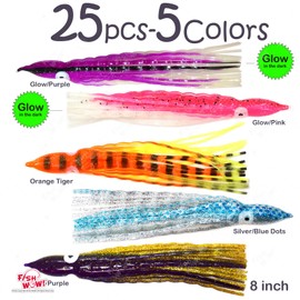 25pcs Fish WOW! 8 inch Premium Squid Skirts 5-Color Set hoochies Octopus Soft Lure