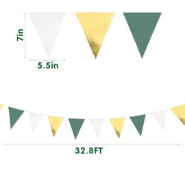 32Ft Sage Green Gold White Bunting Banner Party Decorations, Fabric Triangle Flag Pennant Garland Streamer for Summer Golf Jungle Bridal Baby Shower Wedding Birthday Outdoor Hanging Bunting Decor