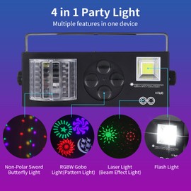 Litake Party Lights, DJ Disco Lights for Parties, 4 in 1 Mixed Effect, Sound Activated RGBW GOBO Pattern Beam Strobe Light by Remote and DMX Control for Stage DJ Disco Party Wedding Birthday Christmas