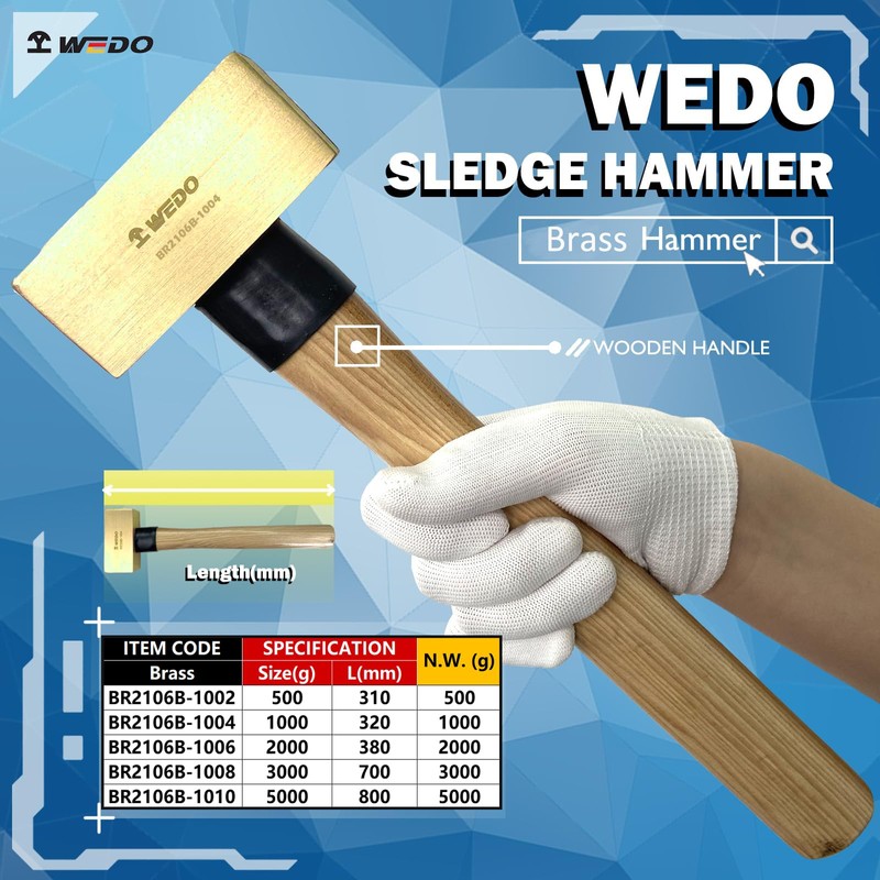 WEDO Brass Flat Hammer 2000g(4lb), Sledge Hammer with Fiberglass Handle,
