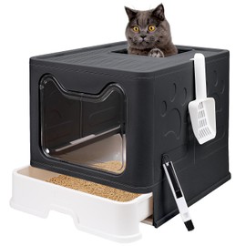 Foldable Cat Litter Box with Lid, Enclosed Potty, Large Top Entry Anti-Splashing Toilet, Easy to Clean Including Litter Scoop and 2-in-1 Cleaning Brush (Black)