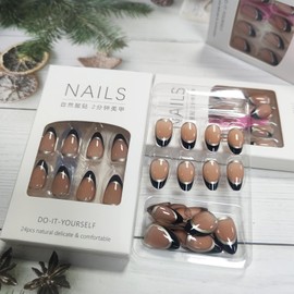 Black French Tips Press on Nails Curve Line Acrylic Fake Nails Medium-Short Almond Glossy Gold Wrap the Edge False Nails French Stick on Nails Curve Gel Glue on Nails for Coquette Women Girls 30 Pcs