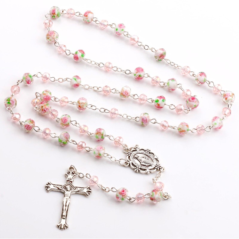 HELLOWIN 8mm Pink Murano Rose Beads Catholic Virgin Mary Rosary