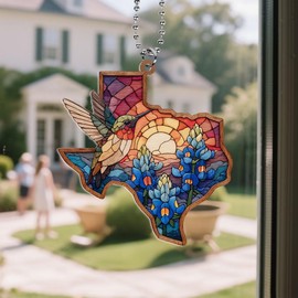 Car Hanging Ornament Texas Bluebonnet Flower Rear View Mirror Car Charm Hummingbird Hanging Accessories, Window Suncatcher Pendent for Home Door,Texas Gifts for Women Men