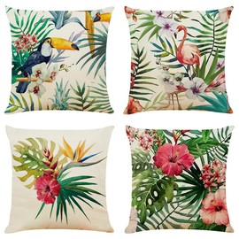 Niulaa Set of 4 Cushion Covers, 50 x 50 cm, Tropical Plants, Decorative Cushion, Linen Couch Cushion, Country House Cushion Covers, Summer, Living Room, Sofa Cushion, Colourful Cushion Cover