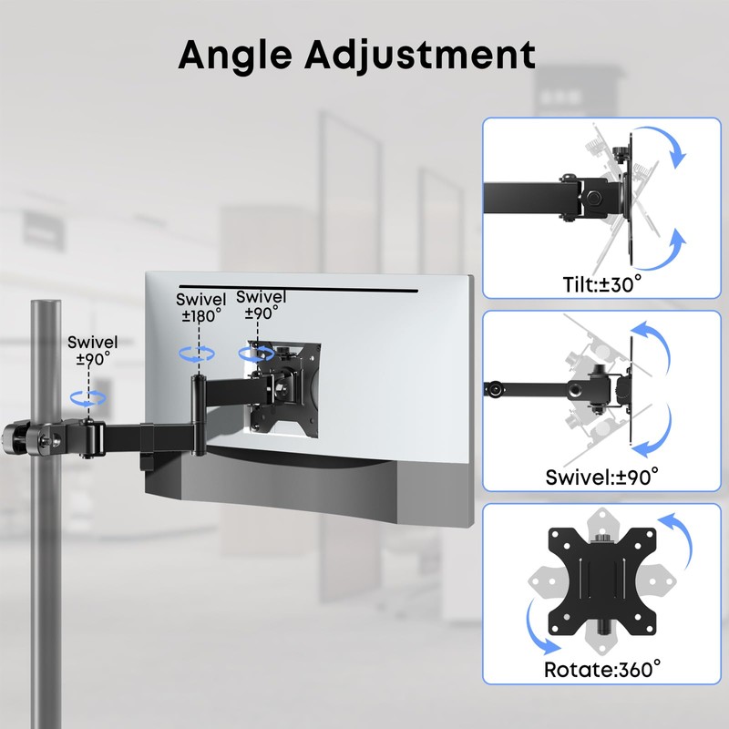 WORLDLIFT Pole Mount Monitor Arm Easy Clamp-on VESA Mount for