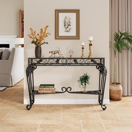 HavenlyYouth Console Table 47.2", Tempered Glass Sofa Tables, Vintage Entryway Table with Metal Frame, Console Tables for Living Room, Entrance, Foyer, Adjustable Feet (Black)