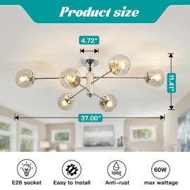 hesoge Modern Sputnik Ceiling Lights 6 Light Semi Flush Mount Ceiling Fixture with Glass Globes Chrome Chandelier for Dining Room Bedroom Living Room Kitchen Farmhouse.