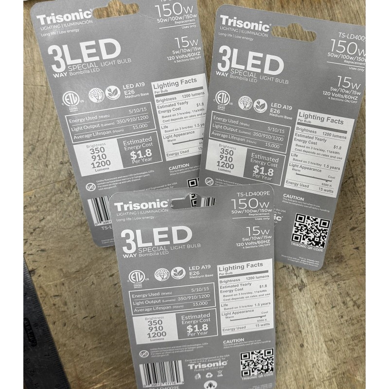 Trisonic A19 3way LED LIGHT BULBS 15w =150W Day Light