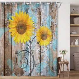 JAWO Farmhouse Rustic Shower Curtain, Sunflower Country Fall Autumn Floral Flower on Rural Barn Wooden Fabric Shower Curtain, Yellow Brown Black Teal Bathroom Curtains with Hooks Sets, 60x70inches…