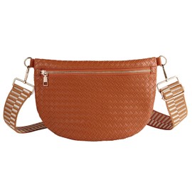 Woven Crossbody Bags for Women Leather Belt Bum Sling Purse Fanny Waist Pack Chest Shoulder Bag for Women-Brown