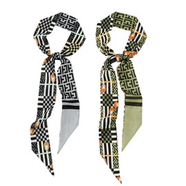 SansHeBe 2 Pack Silk Purse Scarf For Handbags Head Hair Ribbon Fashion Skinny Scarf For Women Long Neckerchief (Green Geometry)