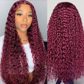 99j Burgundy Deep Wave Lace Front Wigs Human Hair 200 Density 13x6 HD Lace Frontal Wigs Human Hair Pre Plucked Deep Curly Glueless Wigs Human Hair with Baby Hair Curly Wigs for Women Red Color 32 Inch