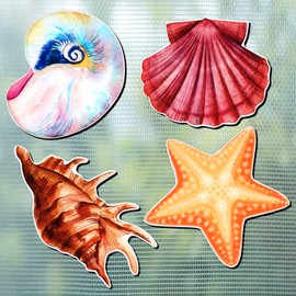 4 Pairs Screen Door Magnets Double Sided Screen Door Magnet Starfish Seashell Design Decorative Magnetic Screen Door Decals for Sliding Doors Screen Window Refrigerator Decoration, 4 Styles