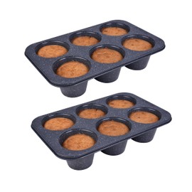 Monfish 2pcs Jumbo Deep Muffin Pan - 6-Cavity Baking Tray, 3.5x3 Inch Cups - Carbon Steel - Black Granite Stone Finish - Extra Large Cupcake Tins for Baking (2 deep muffin)
