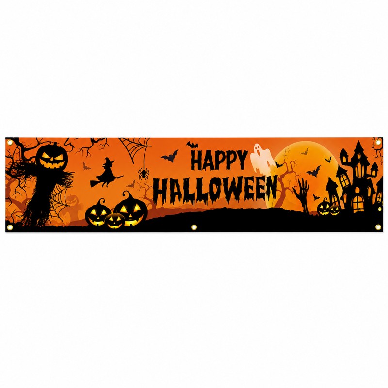 Happy Halloween Outdoor Banner – Pumpkin & Bat Polyester Backdrop